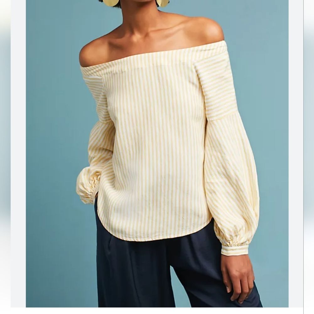 Anthropologie Yellow & White Striped Off-Shoulder Blouse
